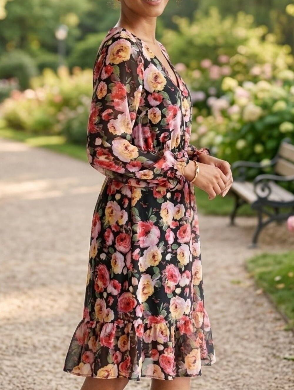 5/$15 Cotton On Pink Roses Floral Balloon Sleeve Button Detail Dress